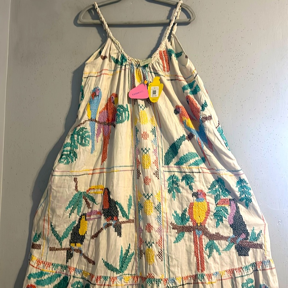 Farm Rio Stitched Birds Scarfs Maxi dress. NWT pit to pit:20” - Picture 6 of 13